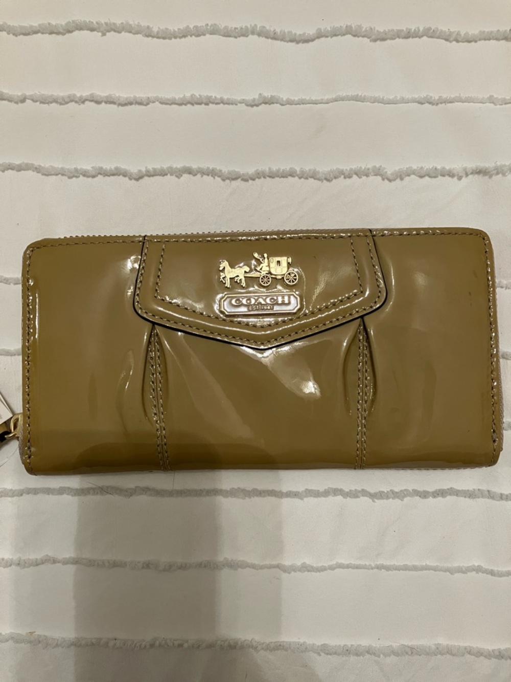 Coach Patent Continental Wallet in Olive Green with Gold Hardware